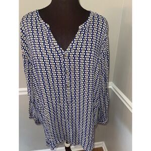Grand & Greene Women's Plus Size Shirt Tunic Blue White Yellow Sz 2X Gold Button